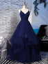 A Line Beautiful Navy Blue Tulle V Neckline Ruffles Prom Dress LBQ3590